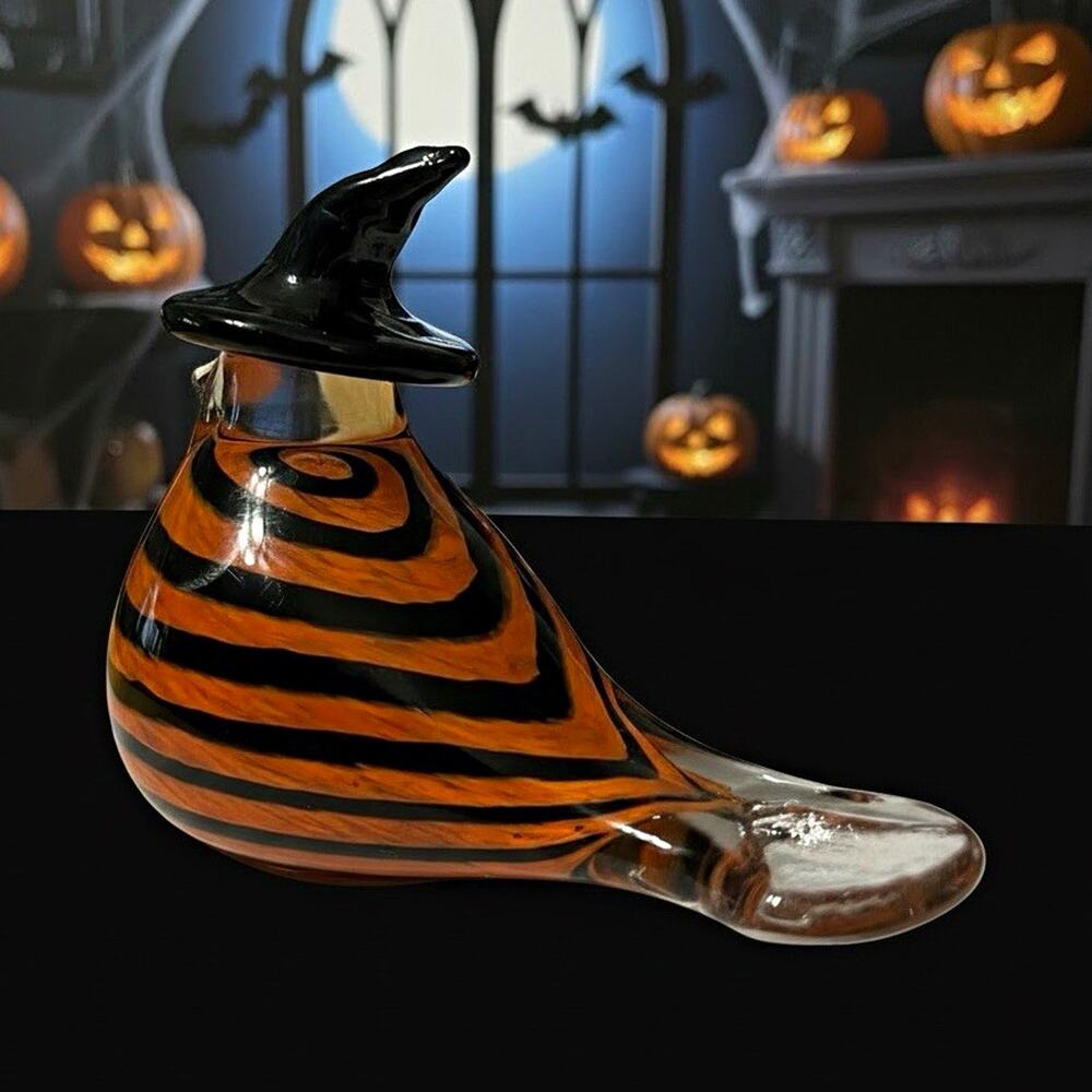 Art Glass Halloween Bird Figurine Orange Black Clear Swirl Witch Hat Glossy